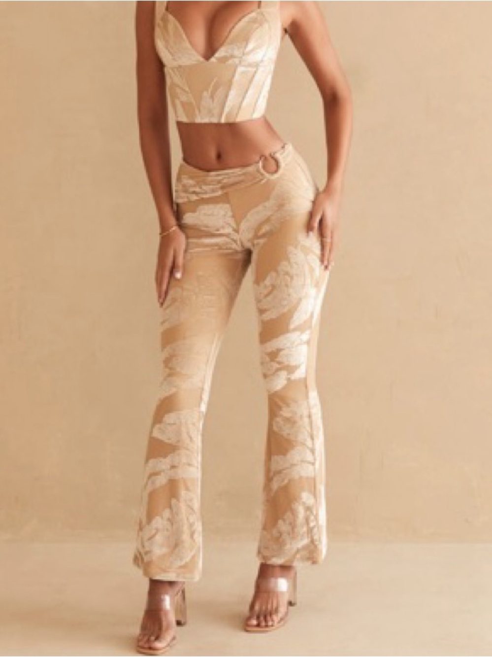 Oh Polly Beige Floral Ring-Detail Flare Pants